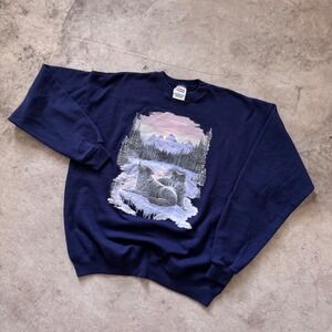Vintage 90s Hanes Wolf Howling Nature Graphic Sweatshirt Crewneck Blue‎ XL